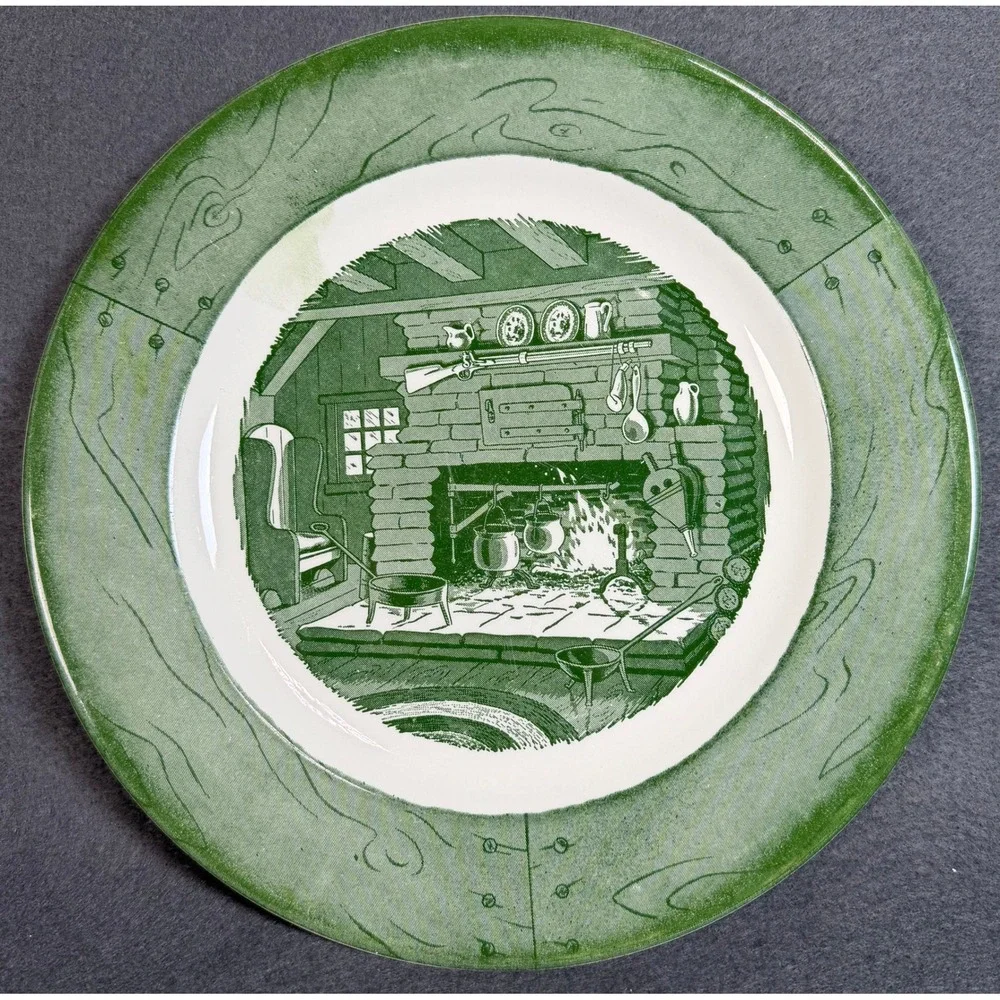 Royal China‎ Colonial Homestead Green Transferware Dinner Plates Set of 2 USA